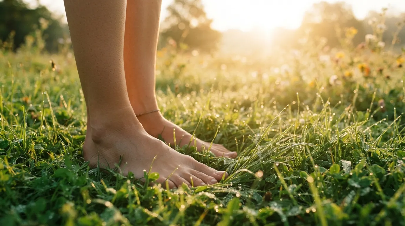Pieds nus dans l'herbe couverte de rosée, au lever du soleil