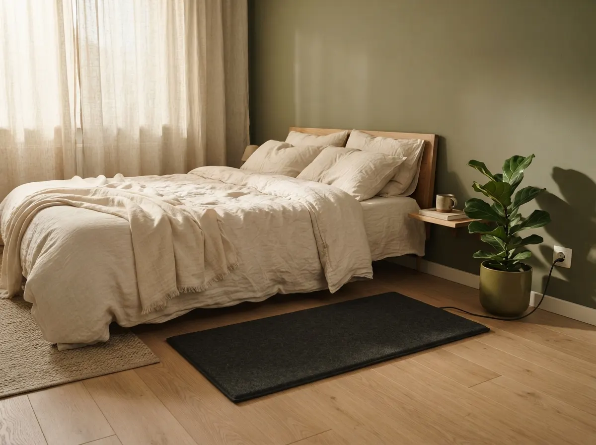 Chambre apaisée au lever du jour, un tapis de mise à la terre posé au pied du lit, relié à la prise de terre